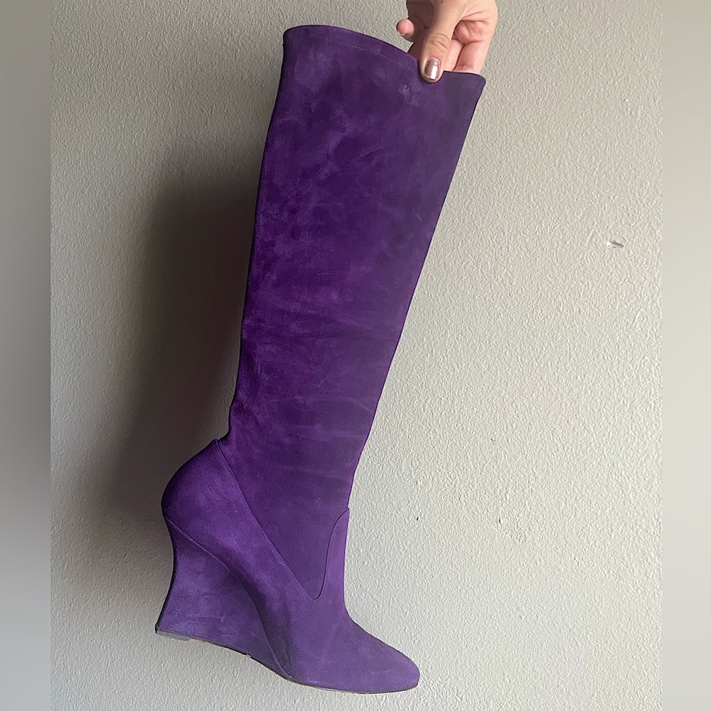 Manolo Blahnik Knee High Purple Suede Wedge Boot